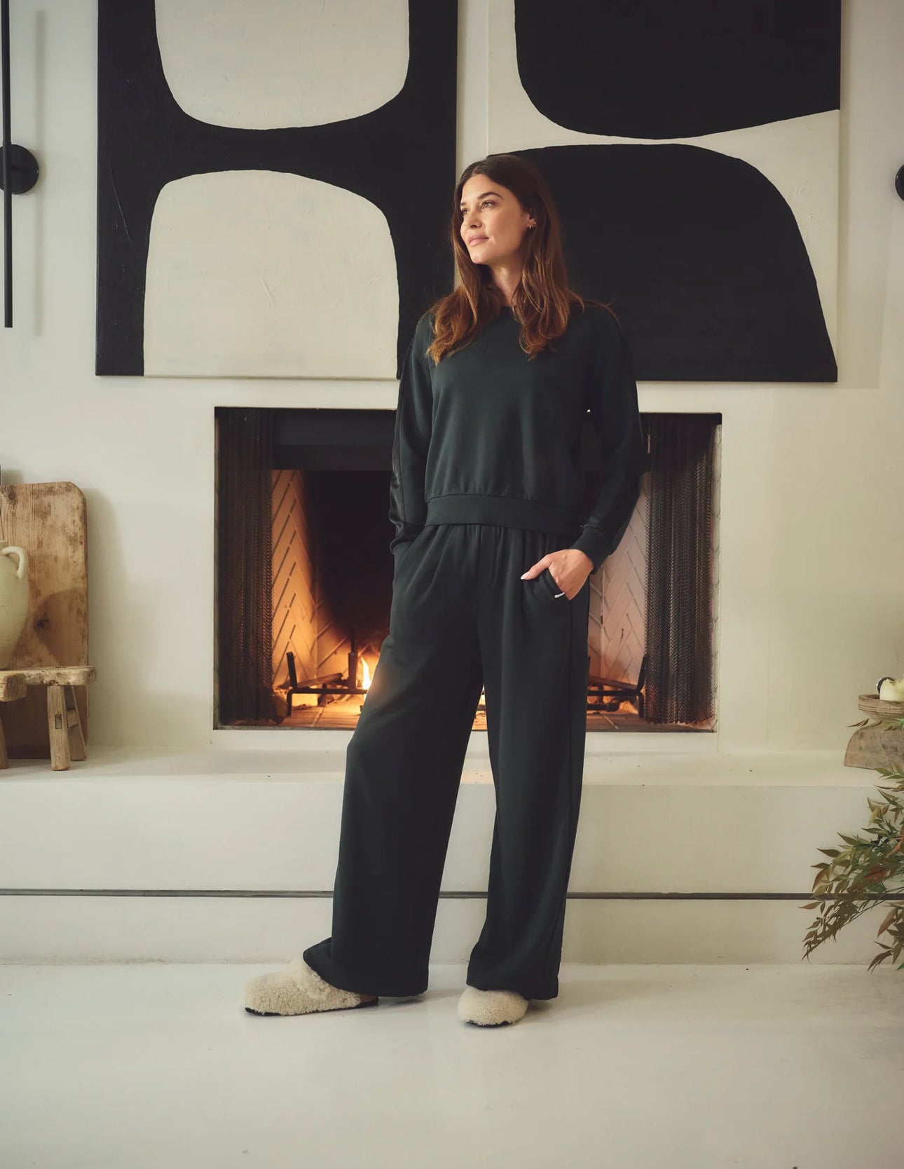 STATESIDE Softest Fleece Satin Trimmed Wide Leg Pant