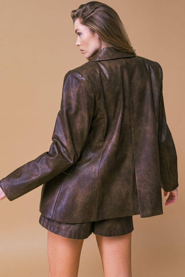 *PREORDER* FLYING TOMATO Brown Washed Faux Leather Blazer