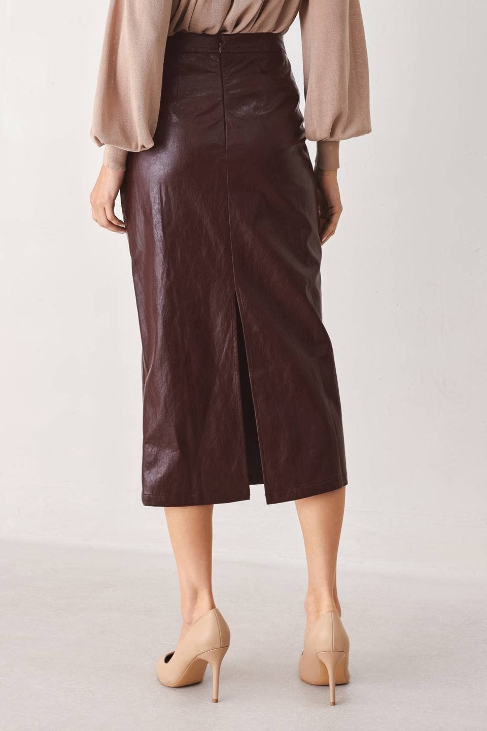 *PREORDER* FLYING TOMATO Burgandy Faux Leather Pencil Skirt