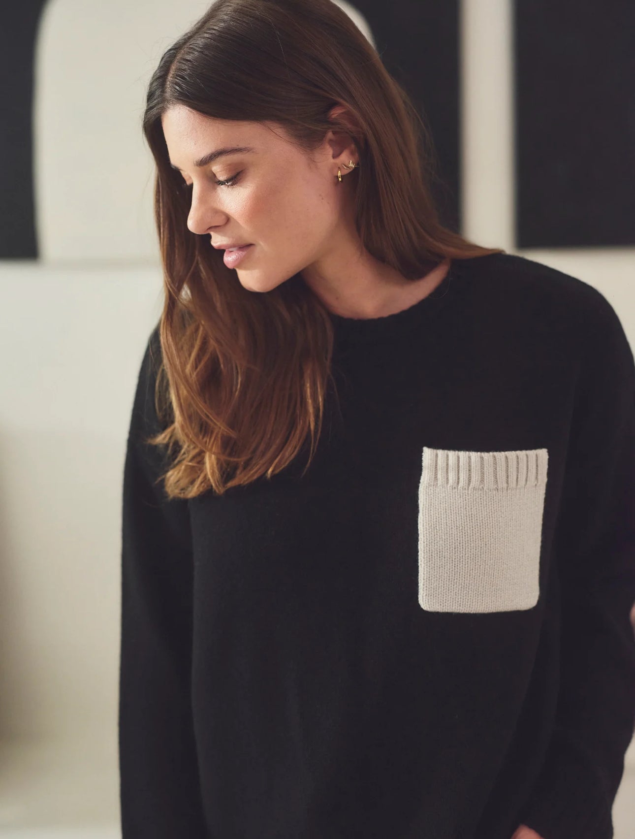 STATESIDE Color Block Pocket Sweater in Black/Cream