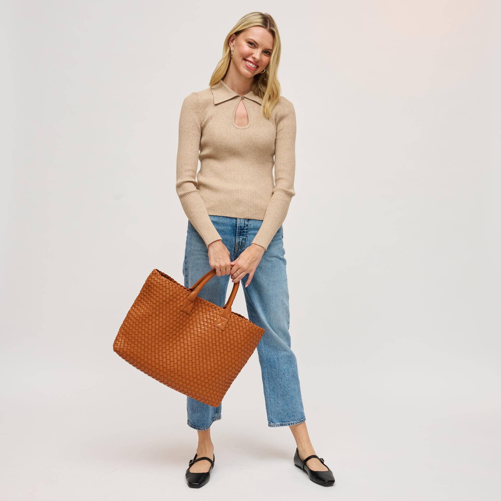 Ithaca Woven Vegan Leather Tote: Black