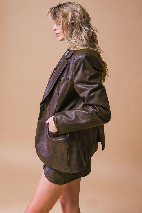 *PREORDER* FLYING TOMATO Brown Washed Faux Leather Blazer
