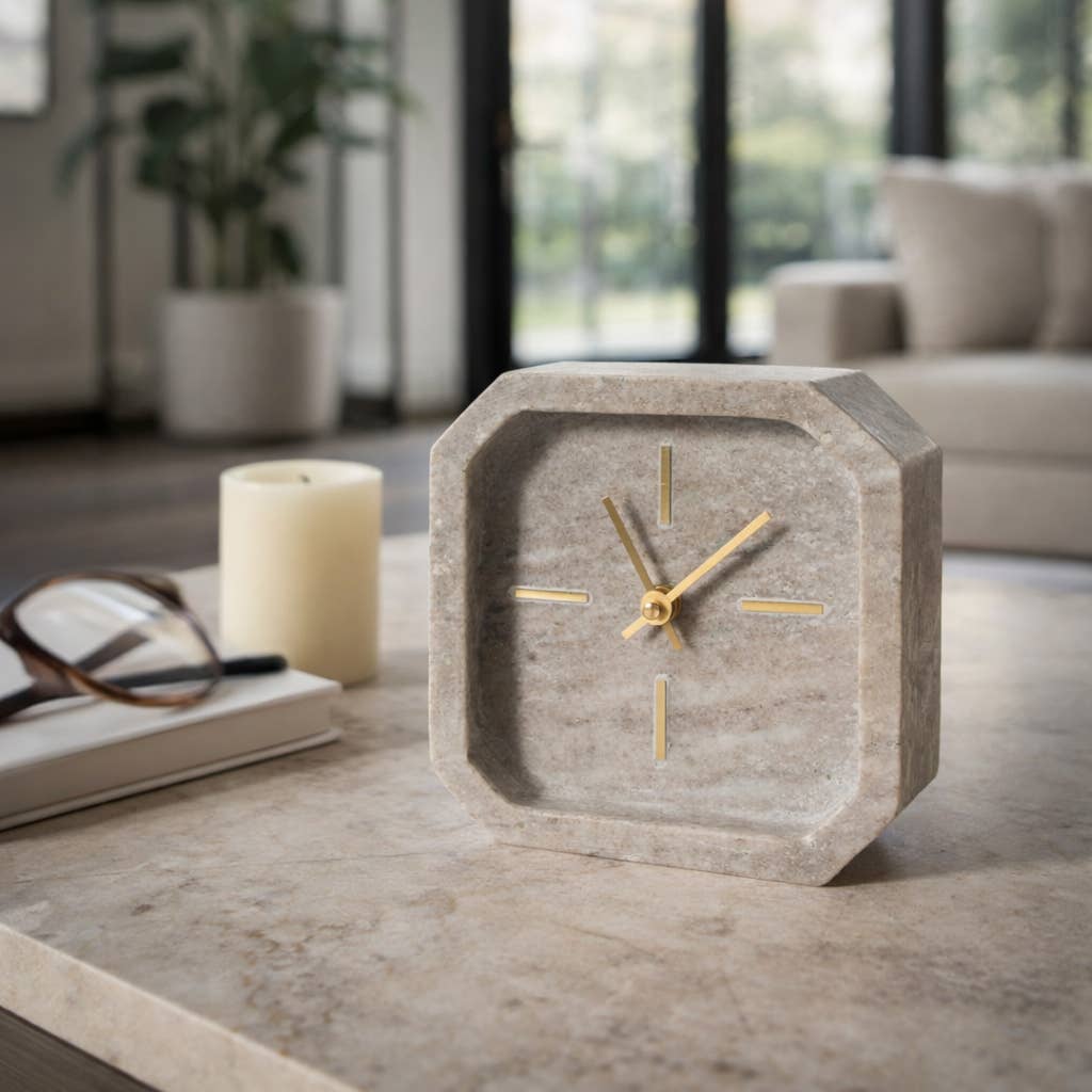 Brown/Gold 6 in. Modern Marble Octagon Table Clock