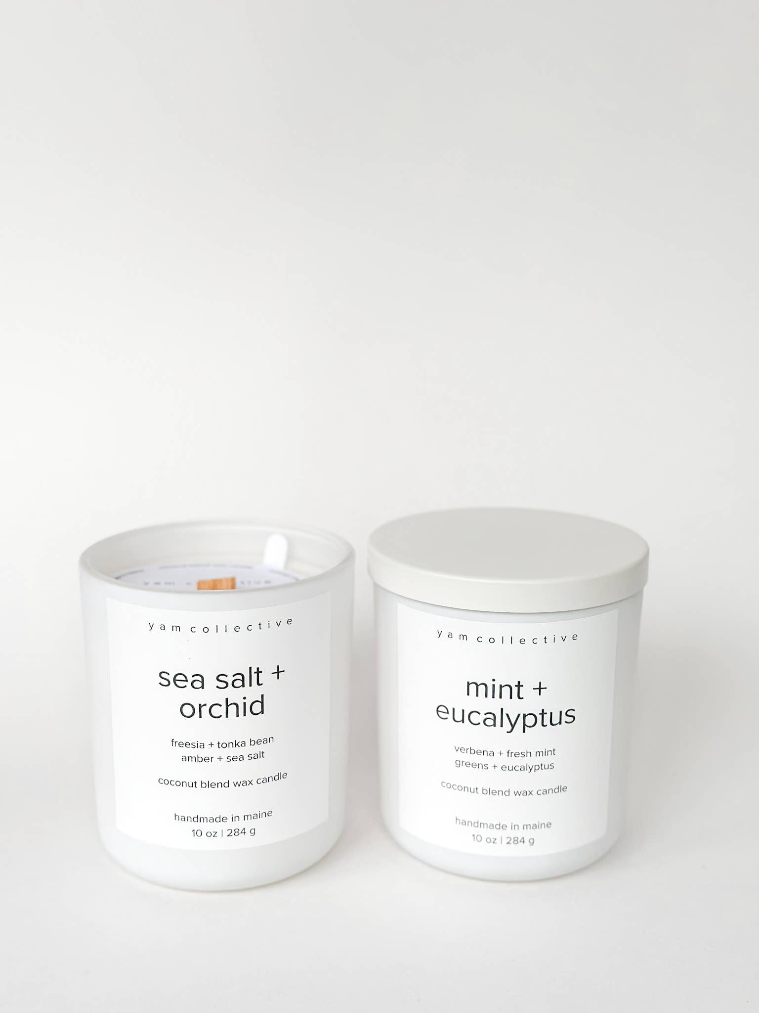 Sand - 10 oz Amber + Teakwood Matte White Glass Candle: Dust Cover