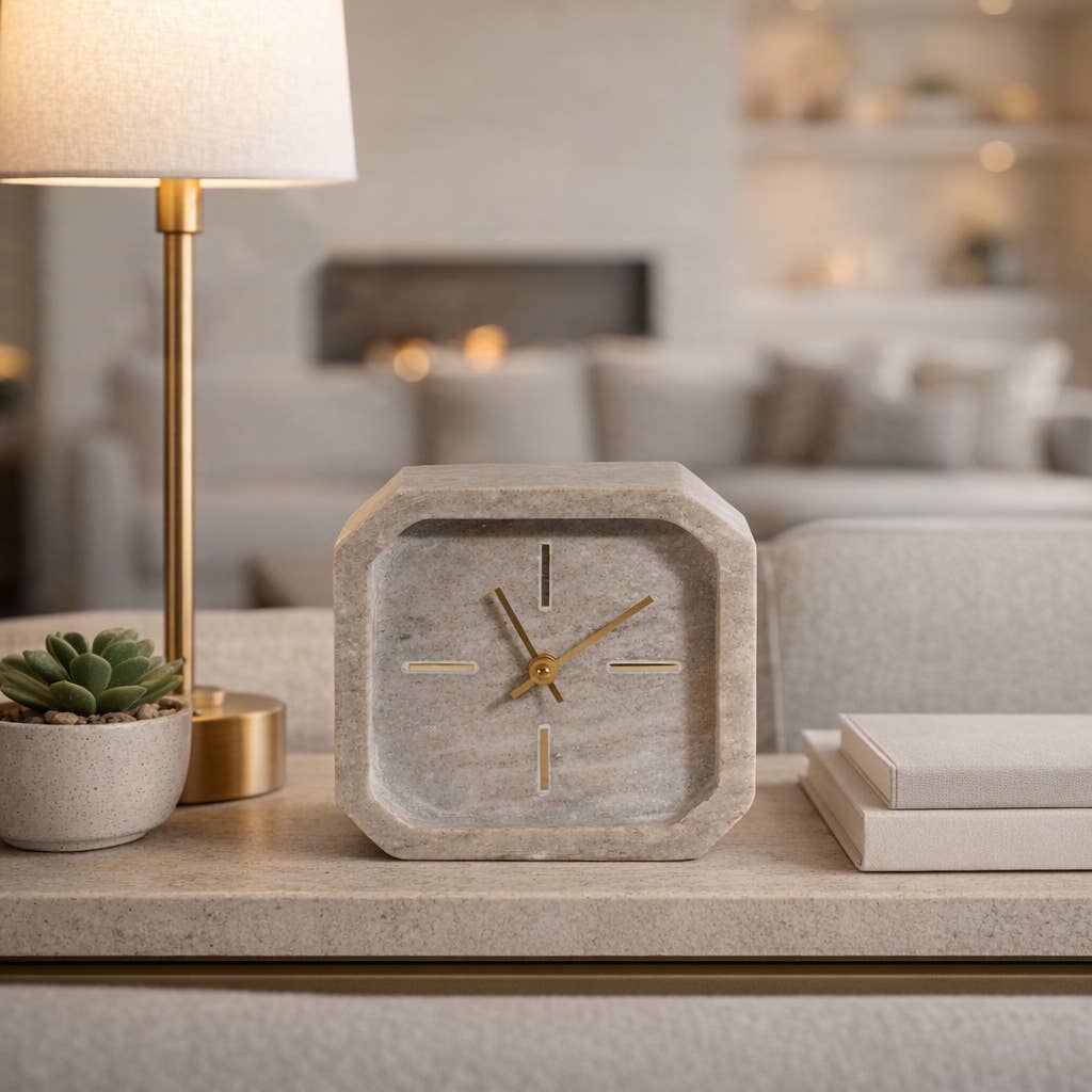 Brown/Gold 6 in. Modern Marble Octagon Table Clock
