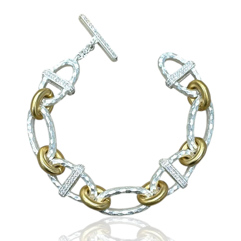 TAT2 DESIGNS Satin Silver Two-Tone Pavé Ravelle Hammered Chain Bracelet