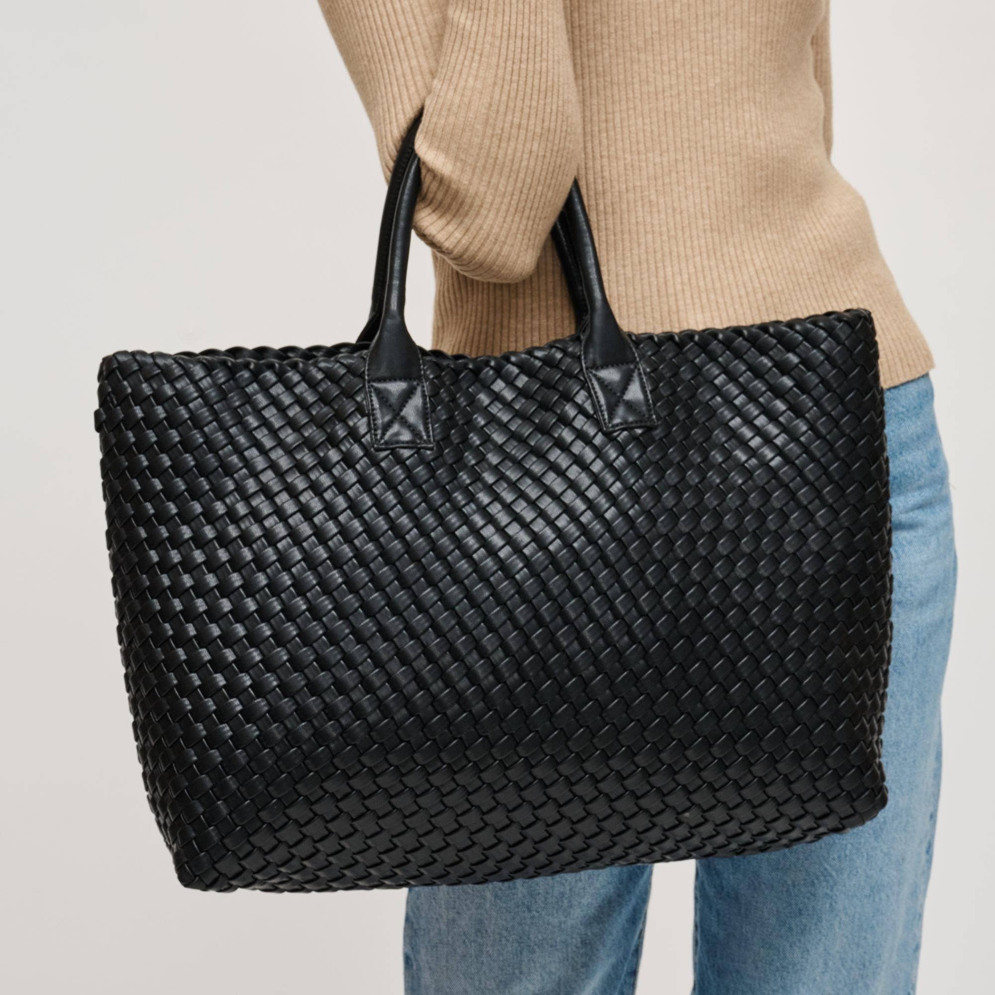 Ithaca Woven Vegan Leather Tote: Black