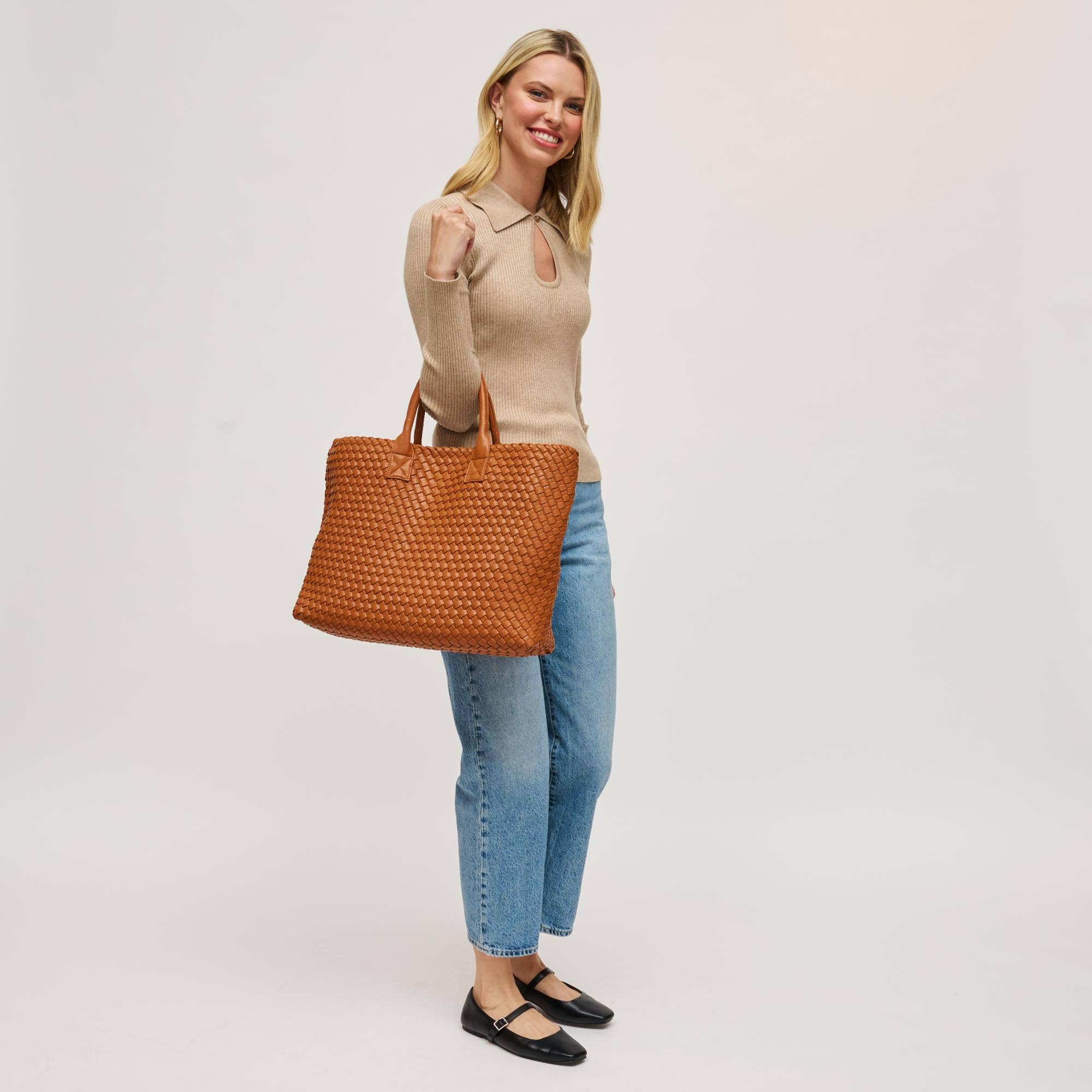 Ithaca Woven Vegan Leather Tote: Black