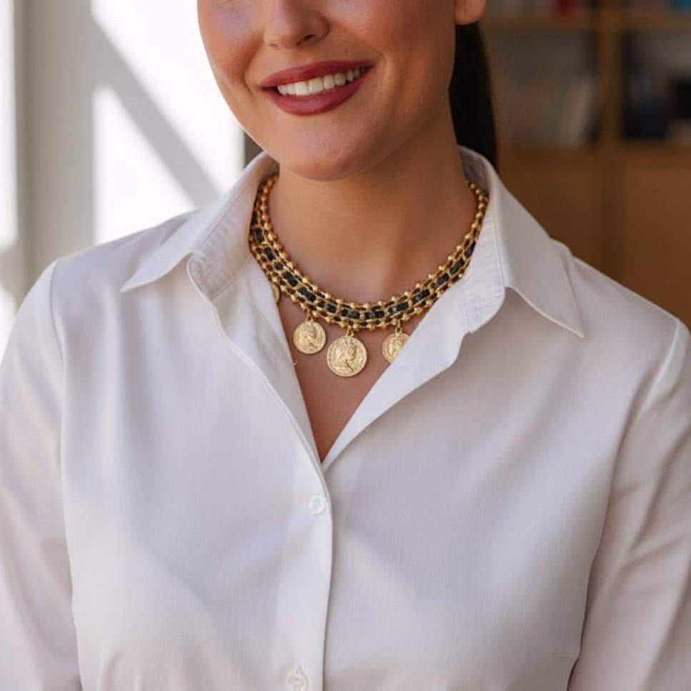 Vintage Gold Coin Charms on Black Leather & Chain Necklace