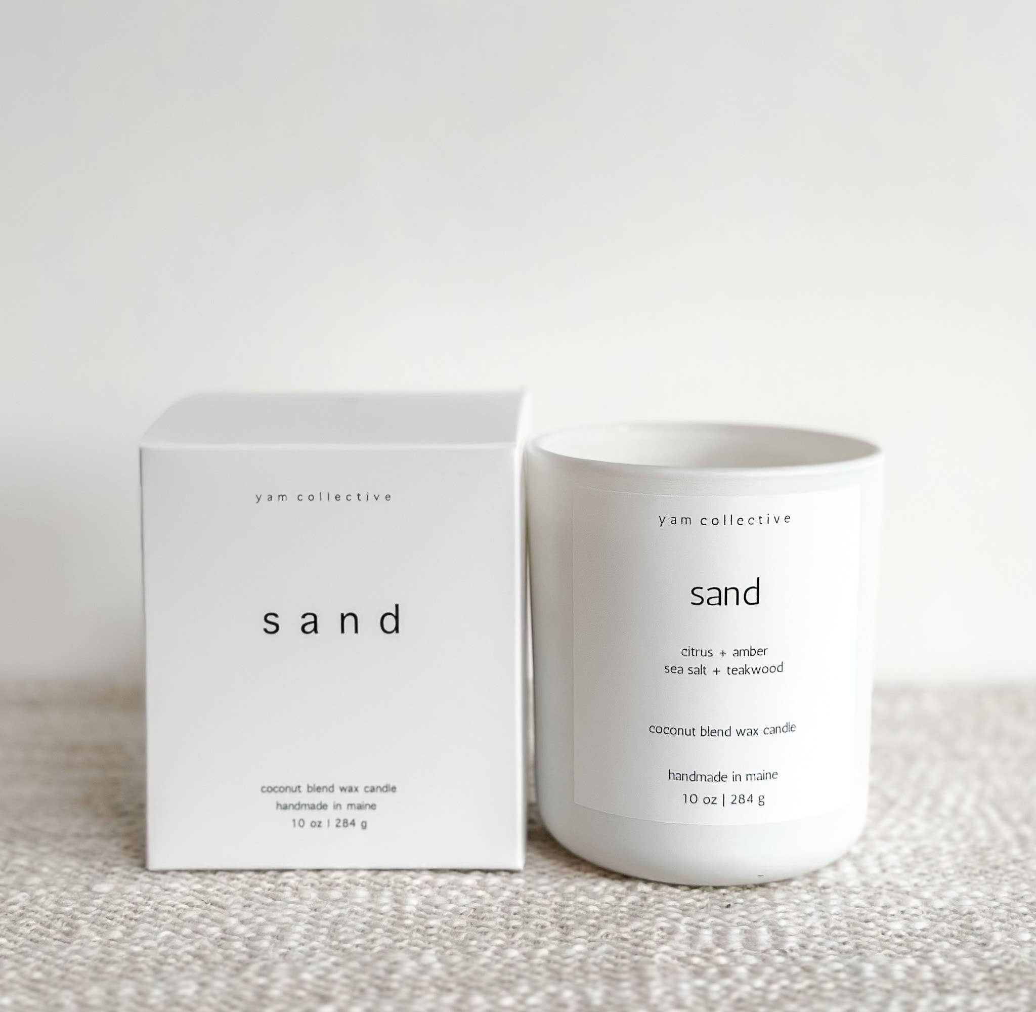 Sand - 10 oz Amber + Teakwood Matte White Glass Candle: Dust Cover