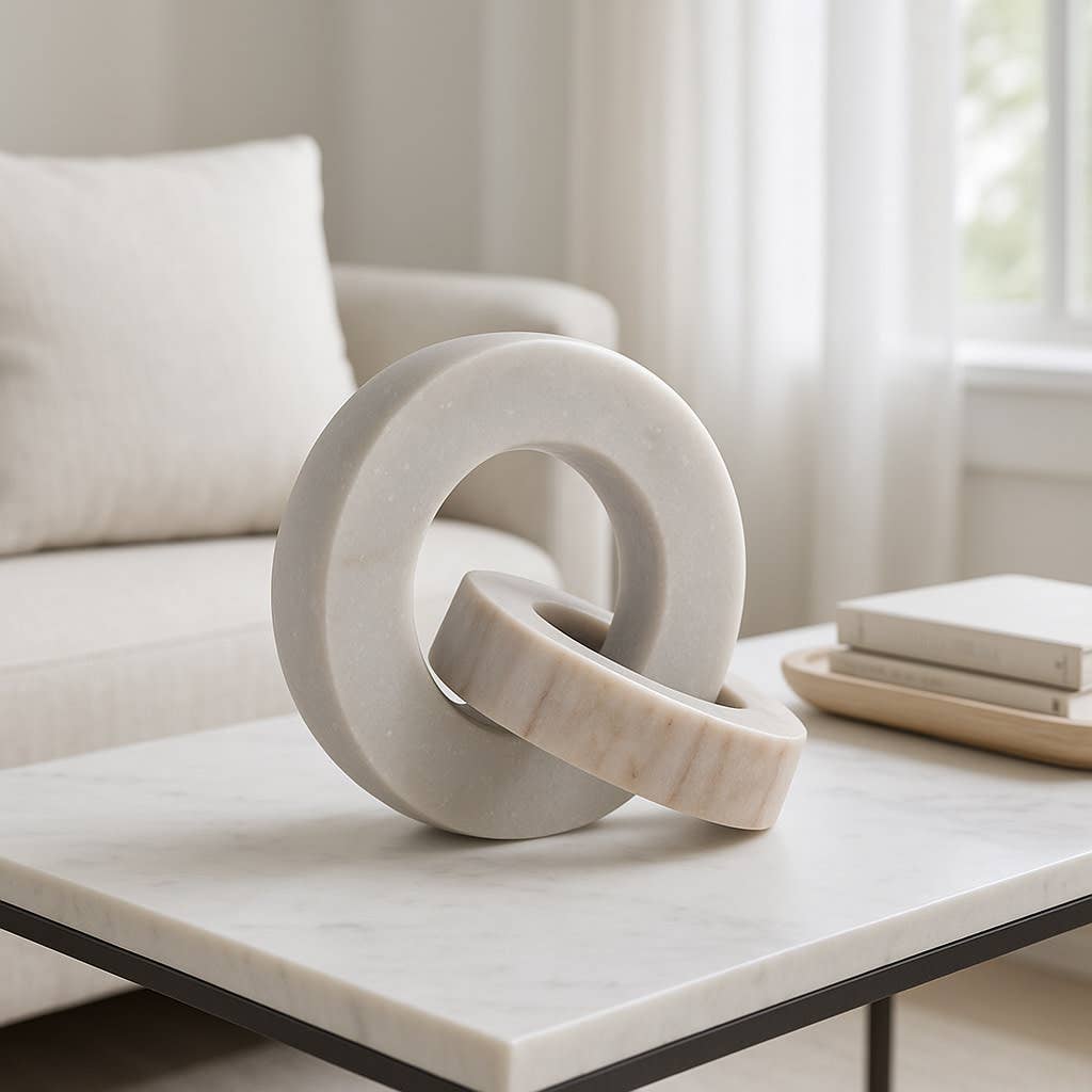 Sculpture Double Ring - White/Beige Marble Finish, 6 in.