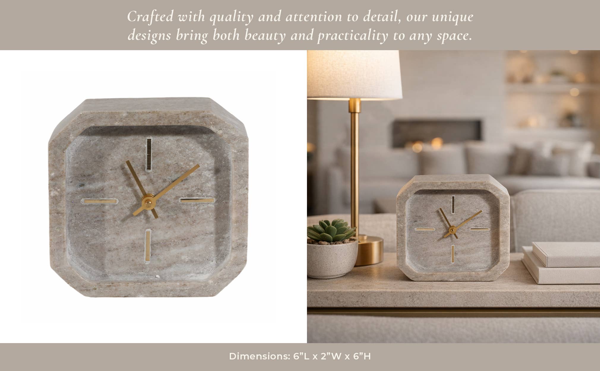Brown/Gold 6 in. Modern Marble Octagon Table Clock