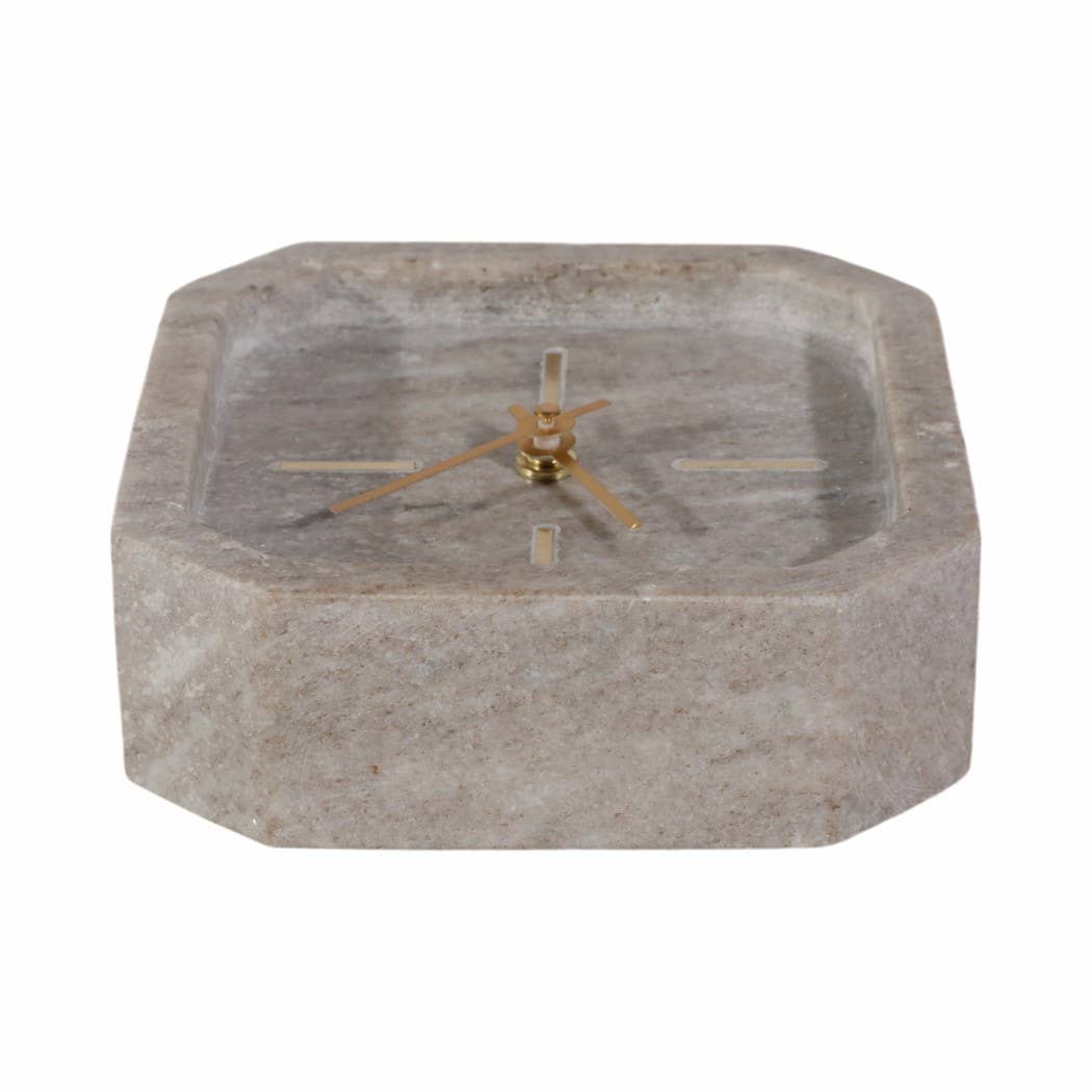 Brown/Gold 6 in. Modern Marble Octagon Table Clock