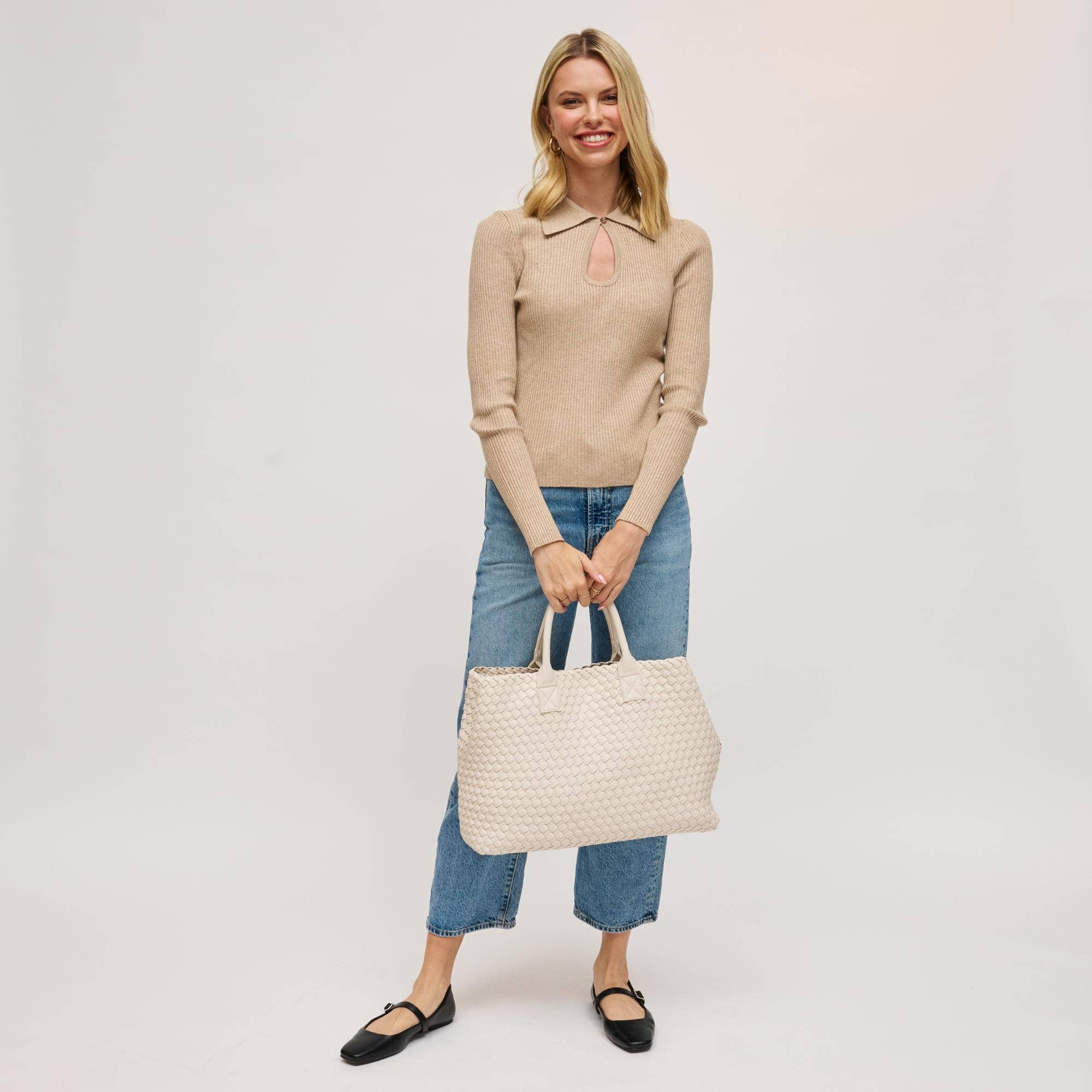 Ithaca Woven Vegan Leather Tote: Black