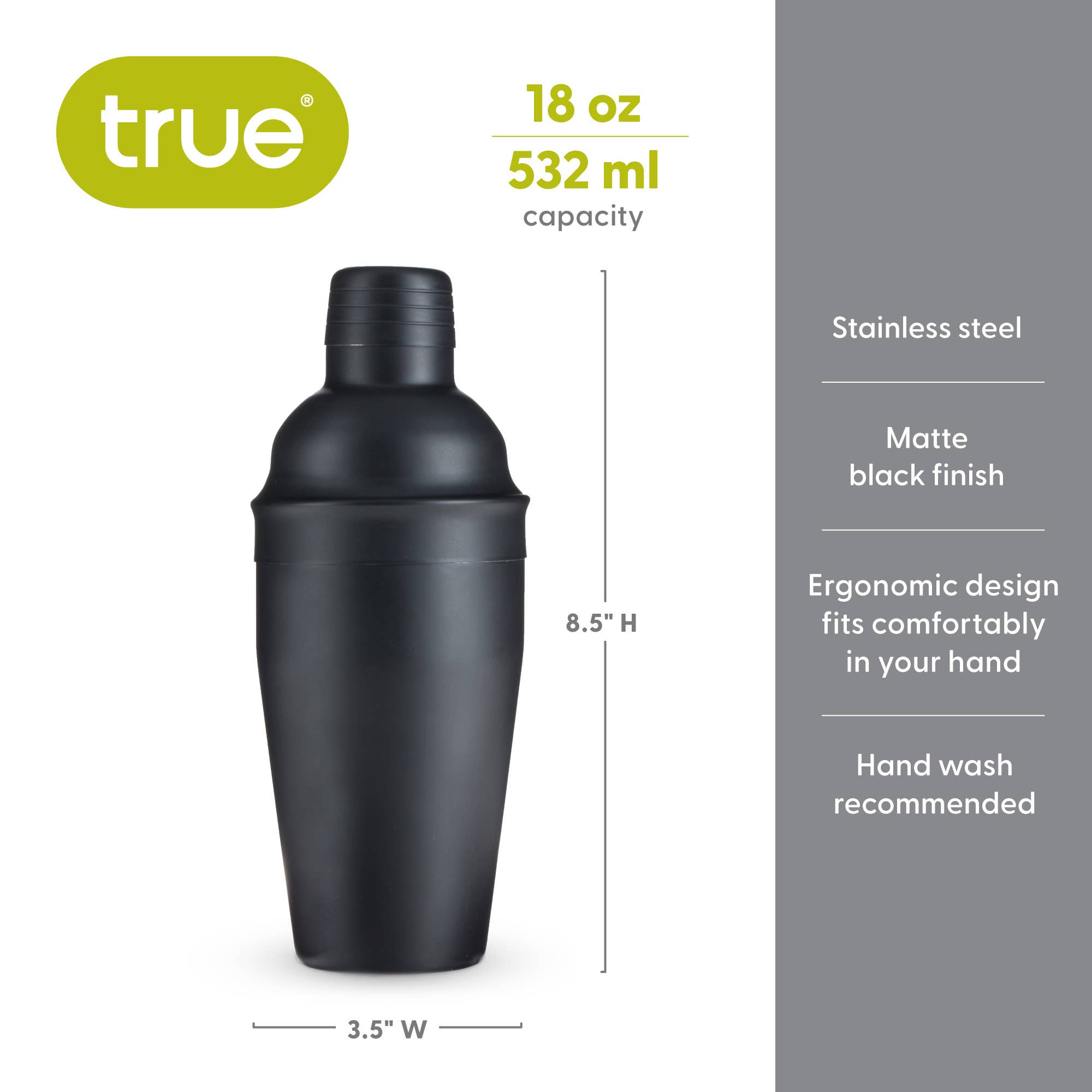 TRUE Contour™ Gunmetal Cocktail Shaker - 18oz - Polished or Matte: Matte