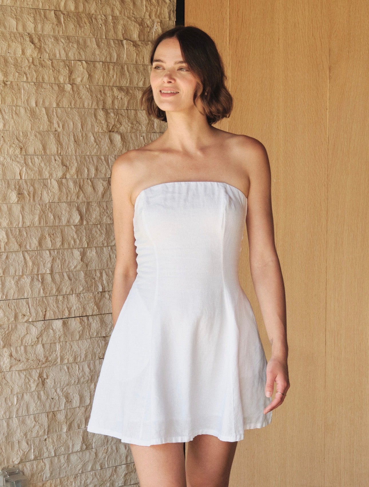 STATESIDE Linen Strapless Mini Dress in White