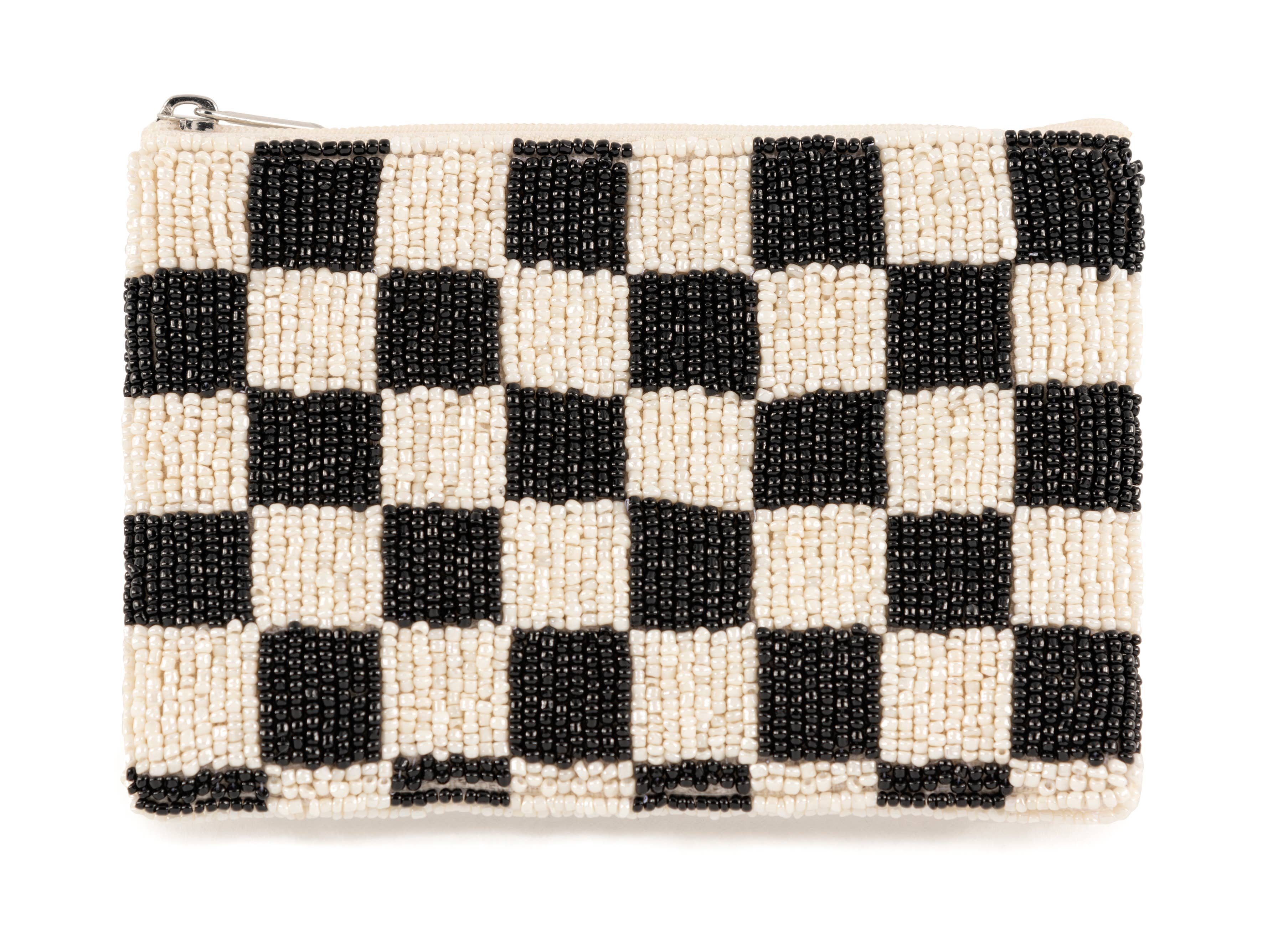 CHECKS BEADED ZIP POUCH