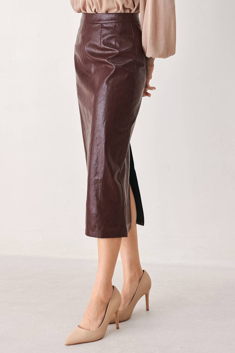 *PREORDER* FLYING TOMATO Burgandy Faux Leather Pencil Skirt