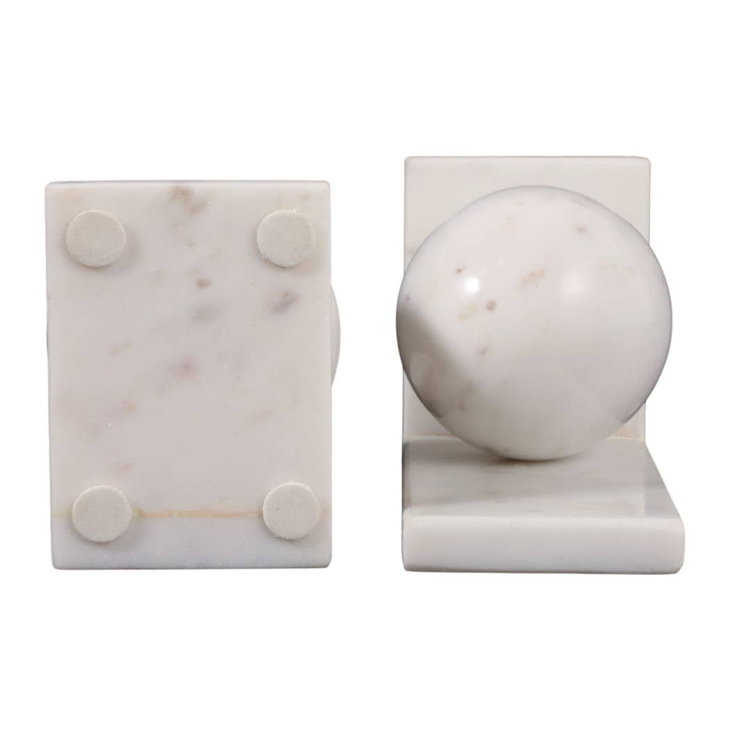 Bookends Set of 2 - White Marble Modern Orb, 6 in.