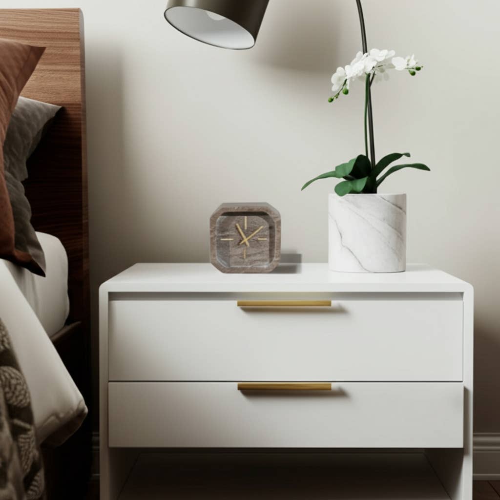 Brown/Gold 6 in. Modern Marble Octagon Table Clock