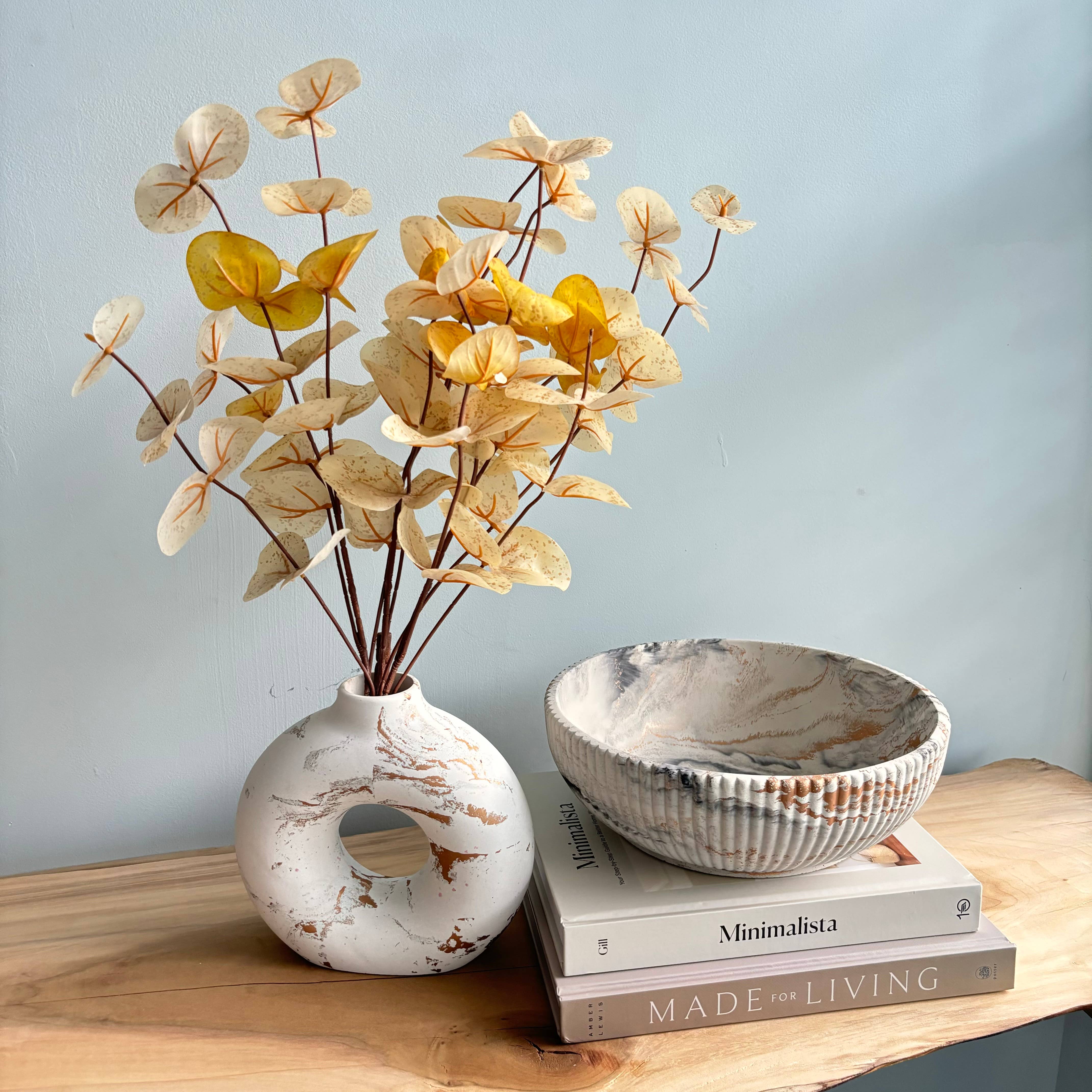Donut Concrete Vase | Circular Hollow Vase: White & Gold