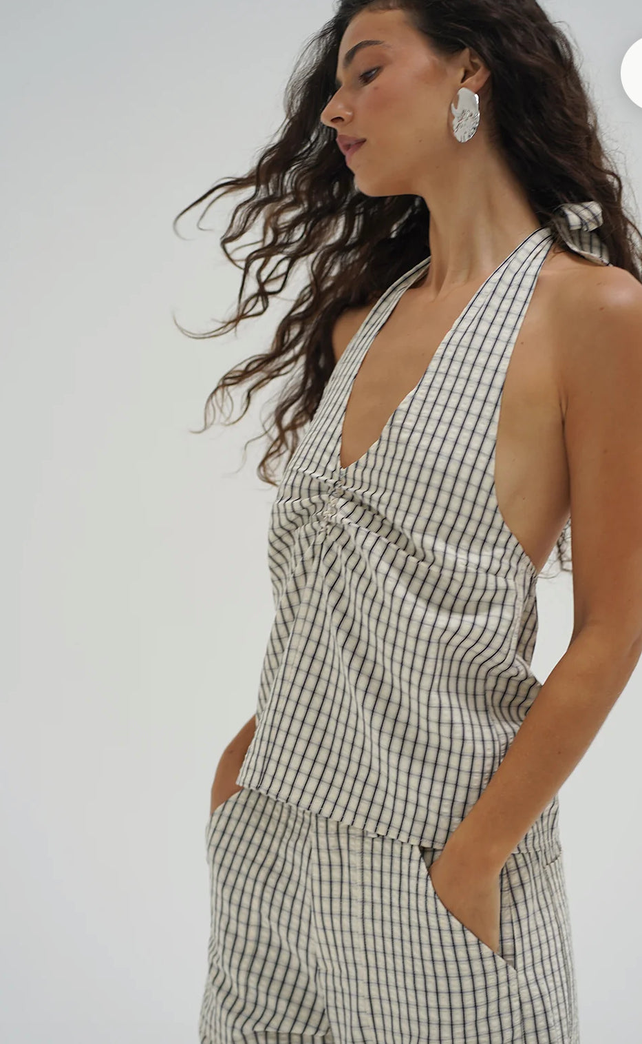 LNA Cora-Plaid Halter-Cream/Black Plaid