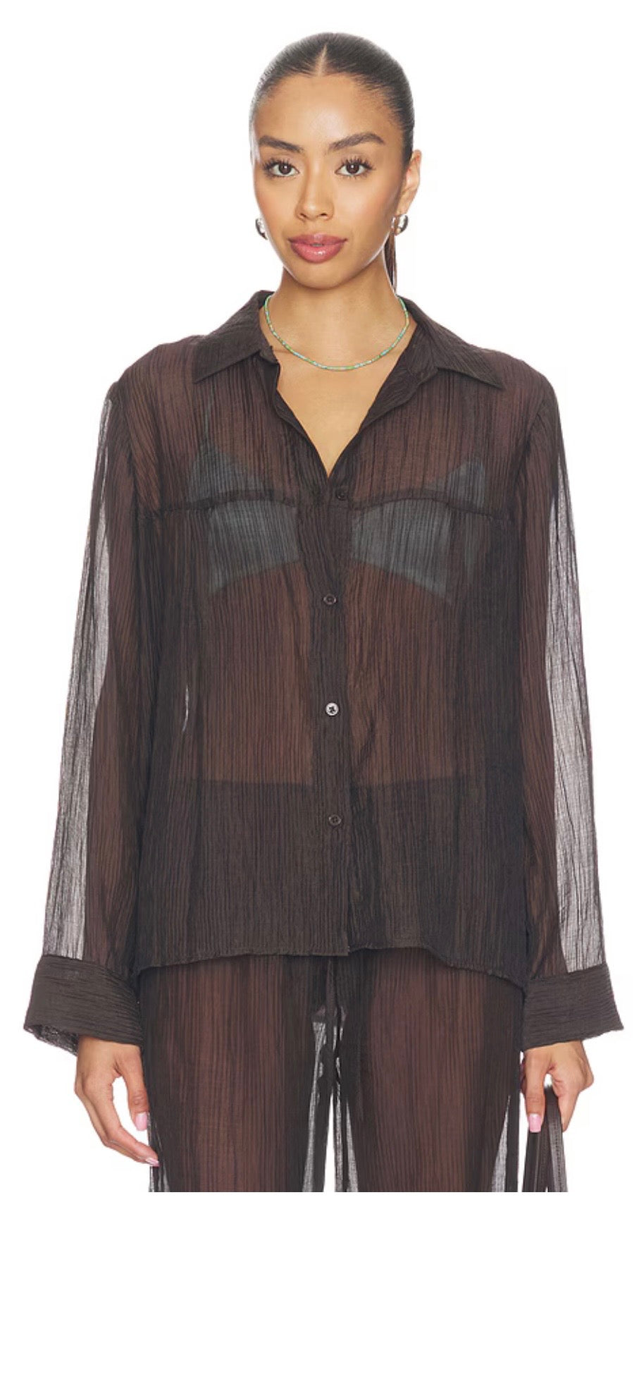 LNA Sylvee Sheer Button Up in Chocolate Black