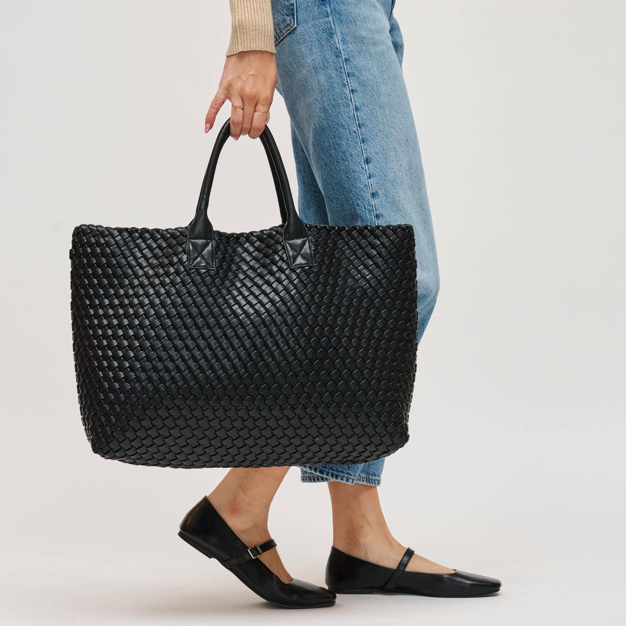 Ithaca Woven Vegan Leather Tote: Black