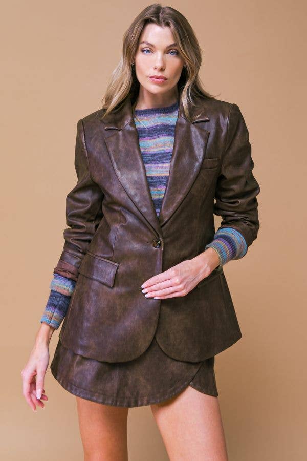 *PREORDER* FLYING TOMATO Brown Washed Faux Leather Blazer