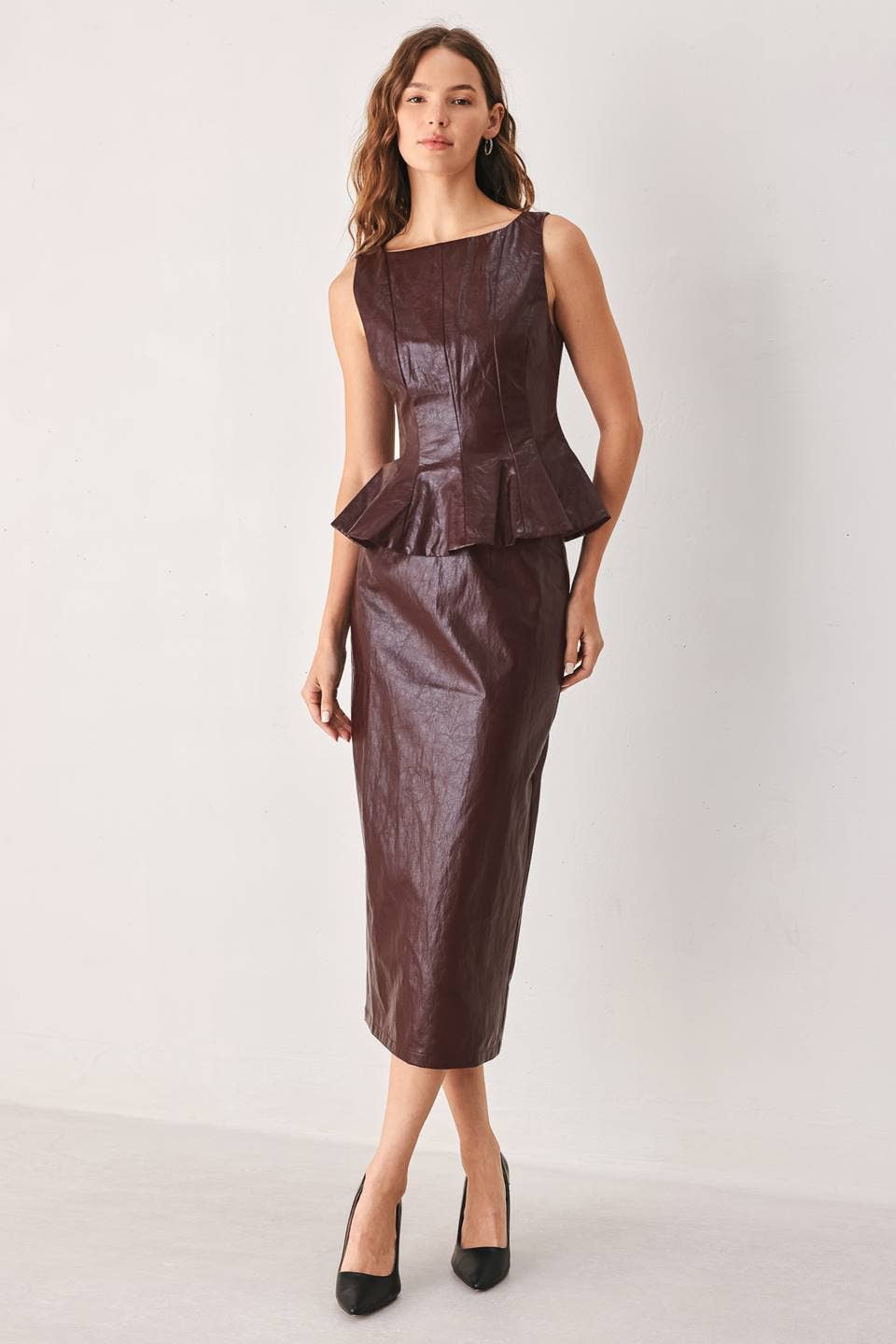 *PREORDER* FLYING TOMATO Burgandy Faux Leather Pencil Skirt
