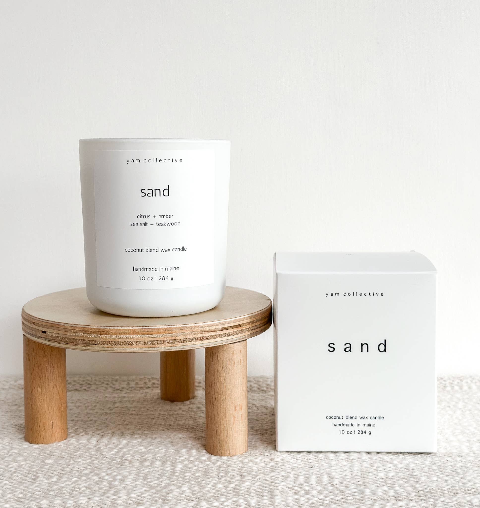 Sand - 10 oz Amber + Teakwood Matte White Glass Candle: Dust Cover