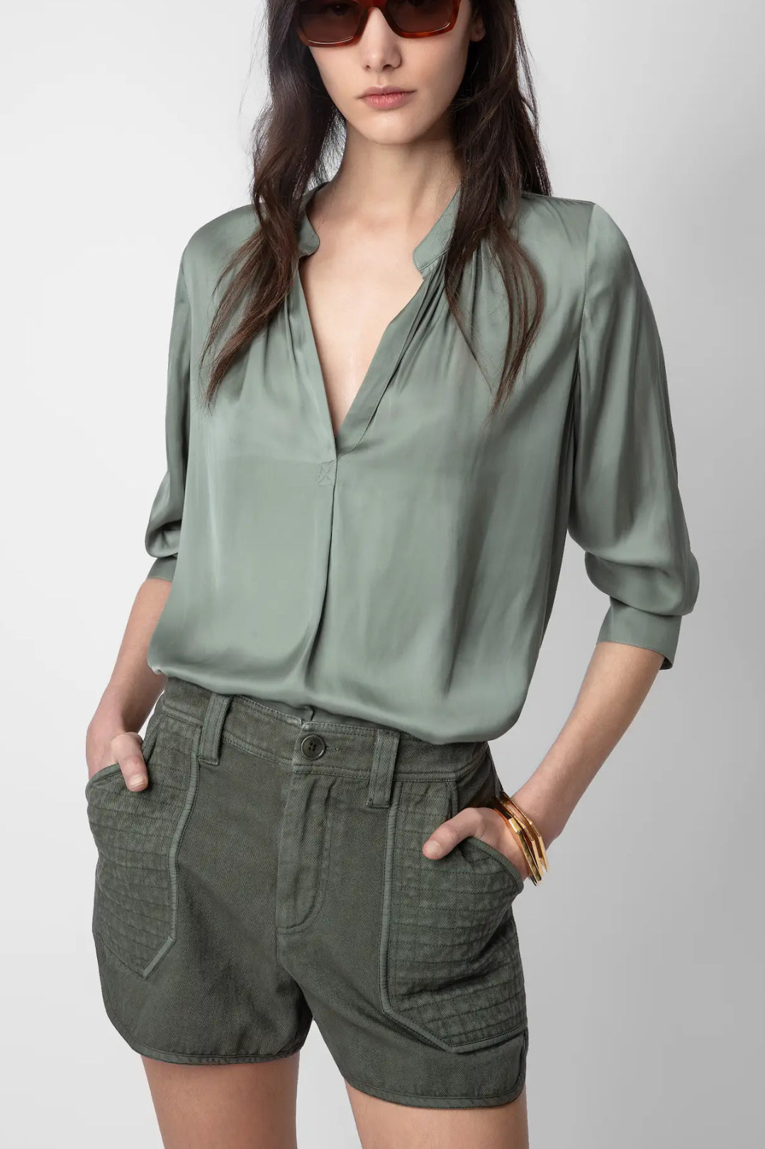 Zadig & Voltaire Khaki Cotton Twill Shorts With Pockets And Textured Panels.-The Life ™ Boutique | Westfield, NJ-38-The Life ™ Boutique | Westfield, NJ