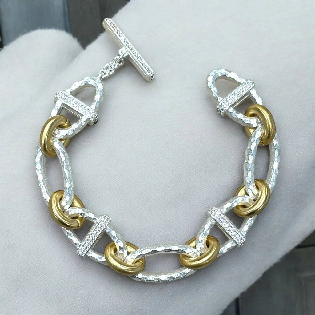 TAT2 DESIGNS Satin Silver Two-Tone Pavé Ravelle Hammered Chain Bracelet