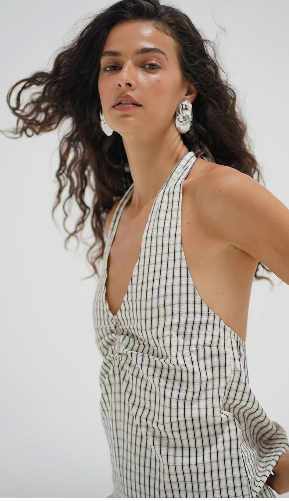 LNA Cora-Plaid Halter-Cream/Black Plaid