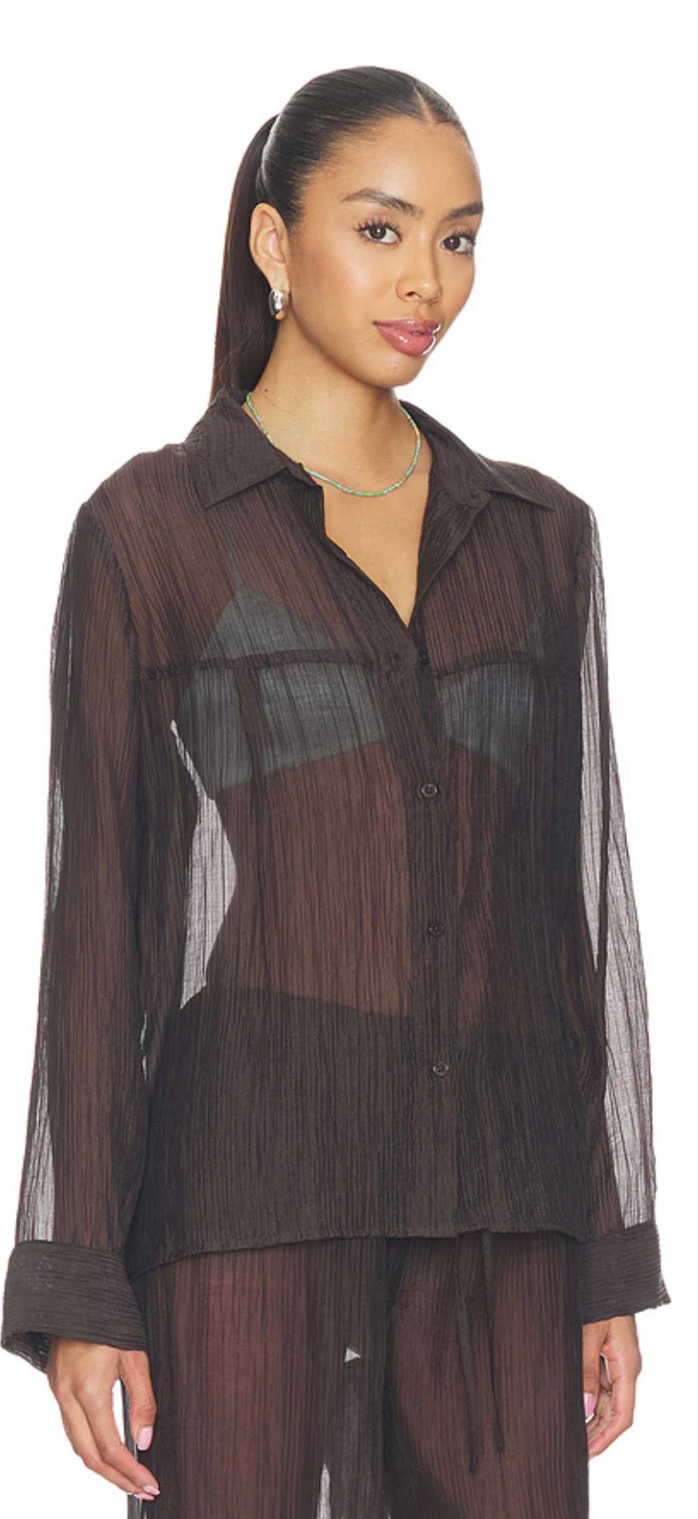 LNA Sylvee Sheer Button Up in Chocolate Black