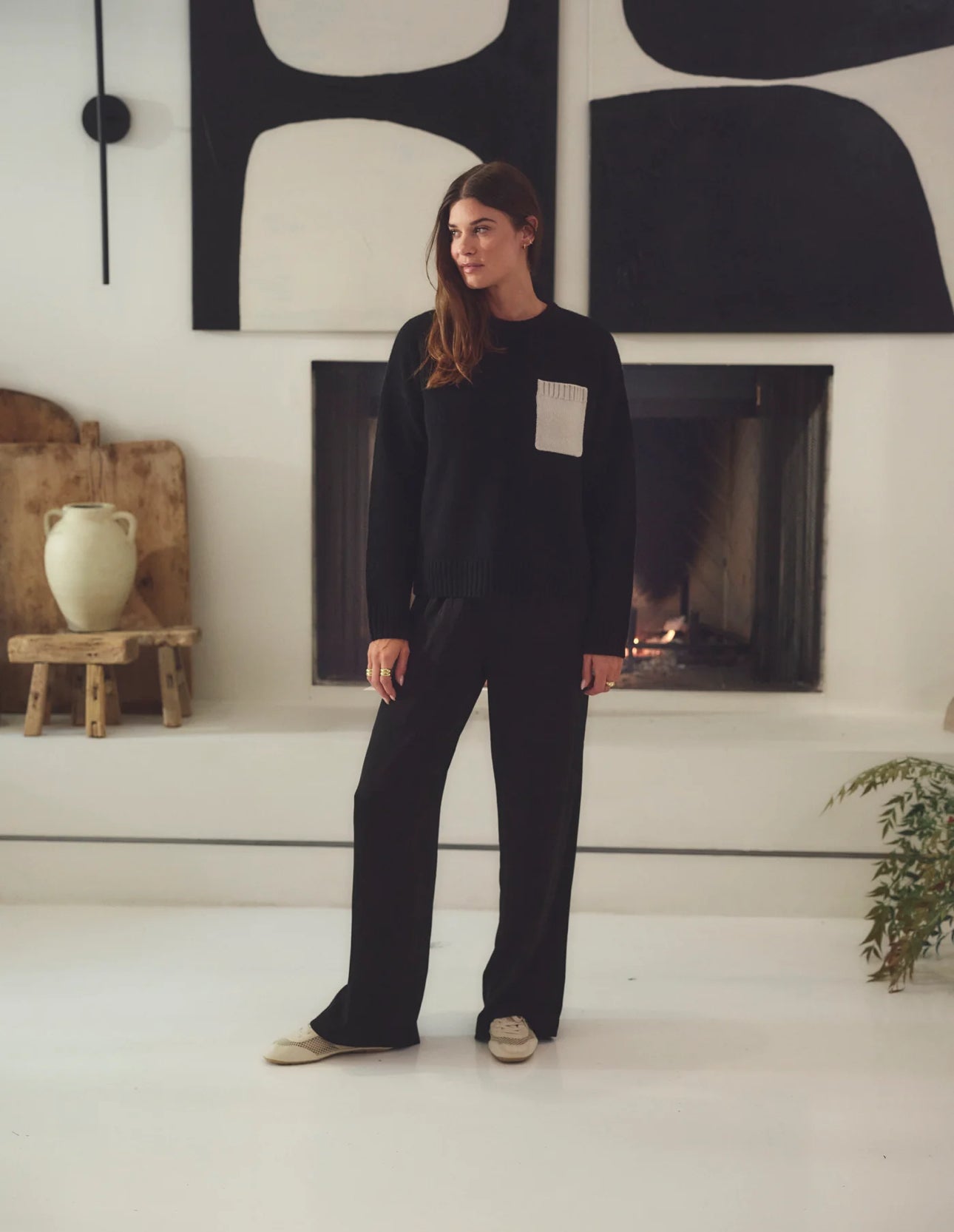 STATESIDE Color Block Pocket Sweater in Black/Cream