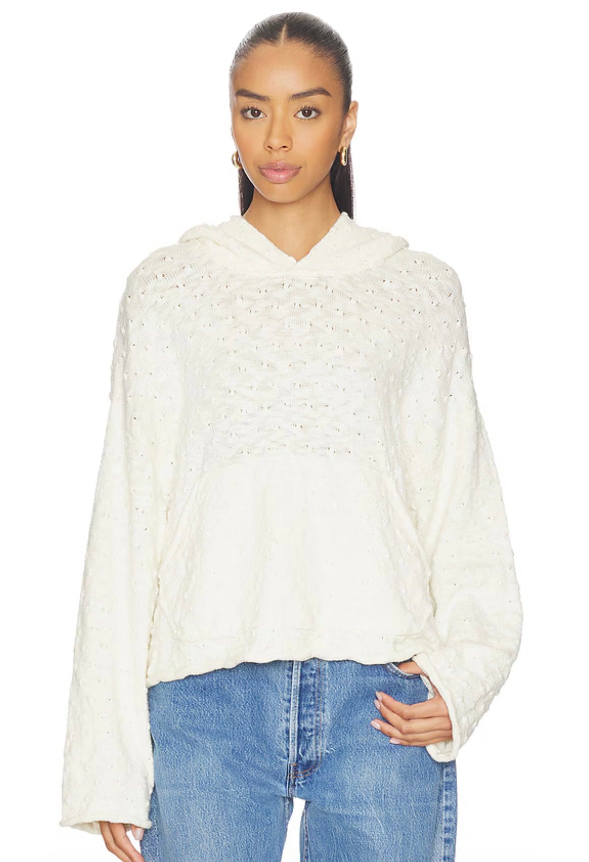 FREE PEOPLE Lake Side Open Knit Hoodie in Marshmallow