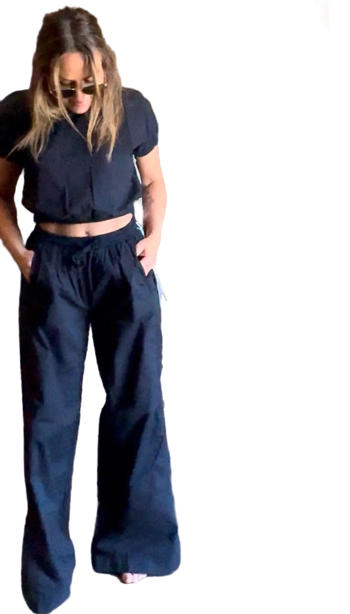 STATESIDE Pixie Poplin Piped Wide Leg Pant in Navy