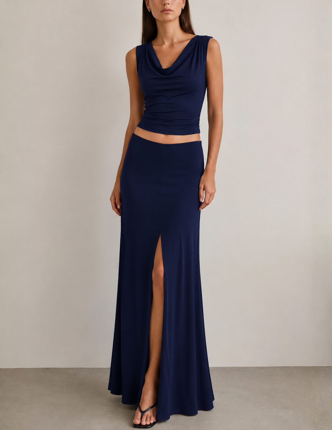 STATESIDE 2x1 Rib Front Slit Maxi Skirt in Navy