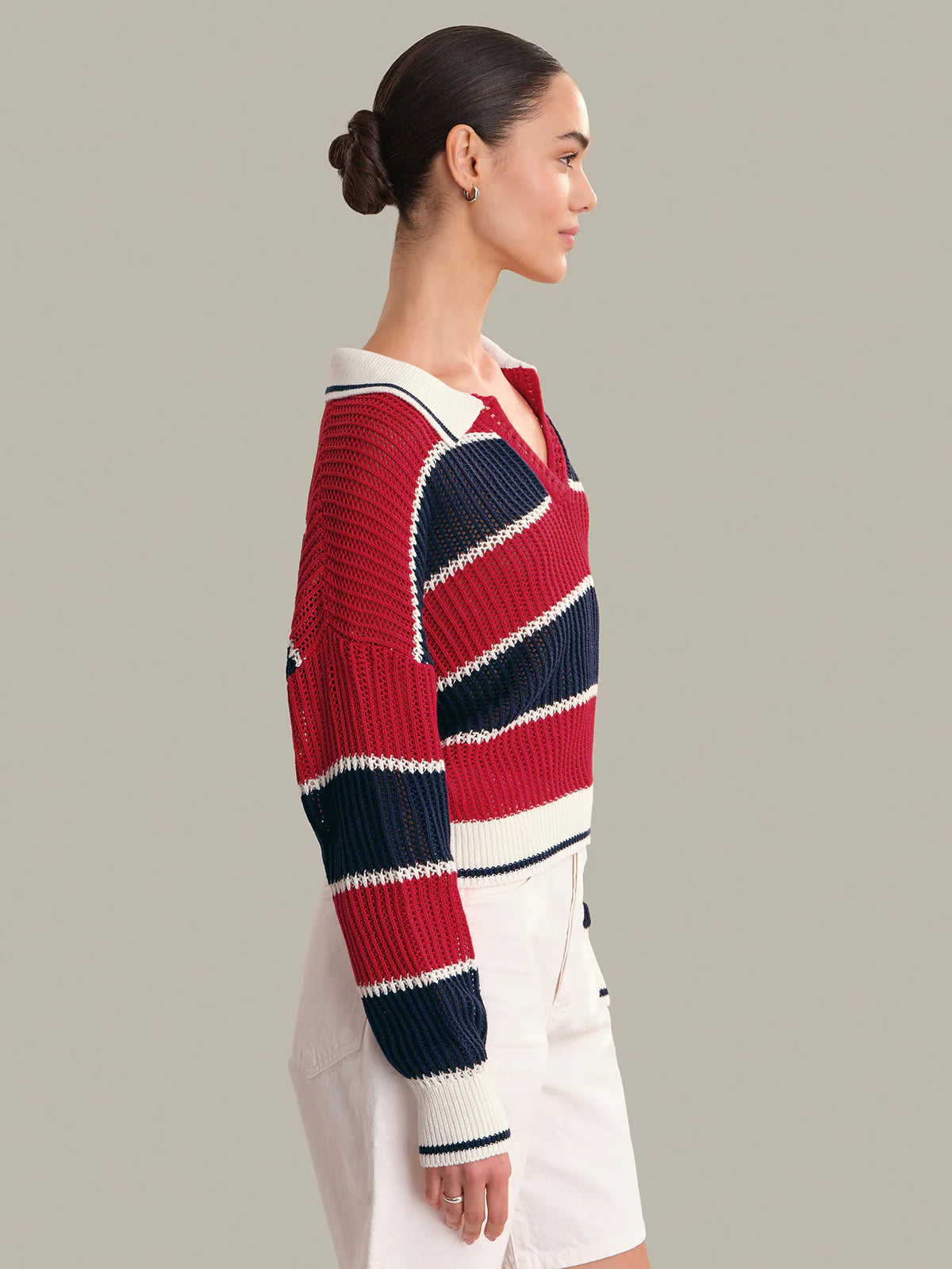 525 AMERICA Alexa Rugby Stripe Polo Pullover in Racing Red Combo
