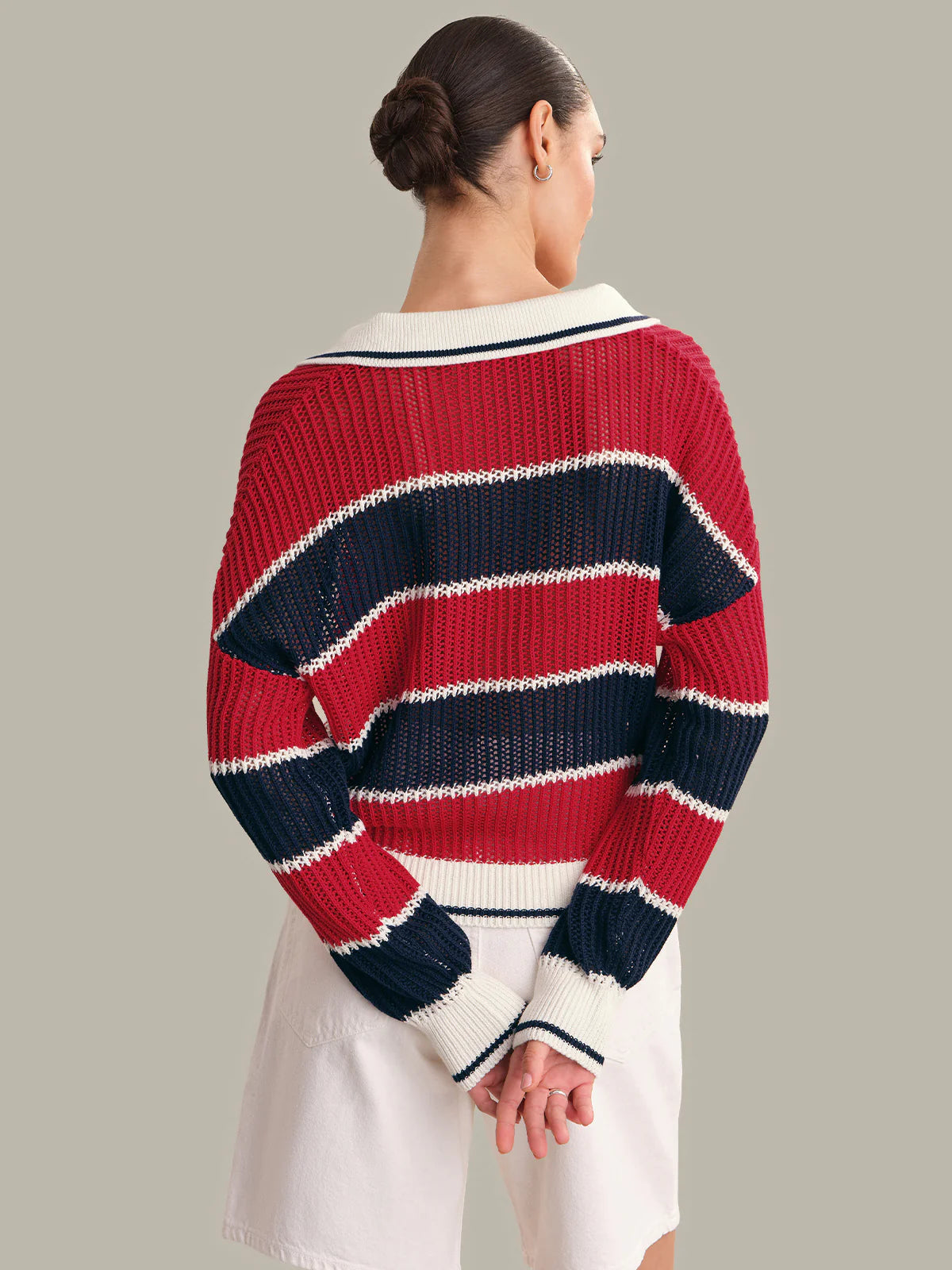 525 AMERICA Alexa Rugby Stripe Polo Pullover in Racing Red Combo