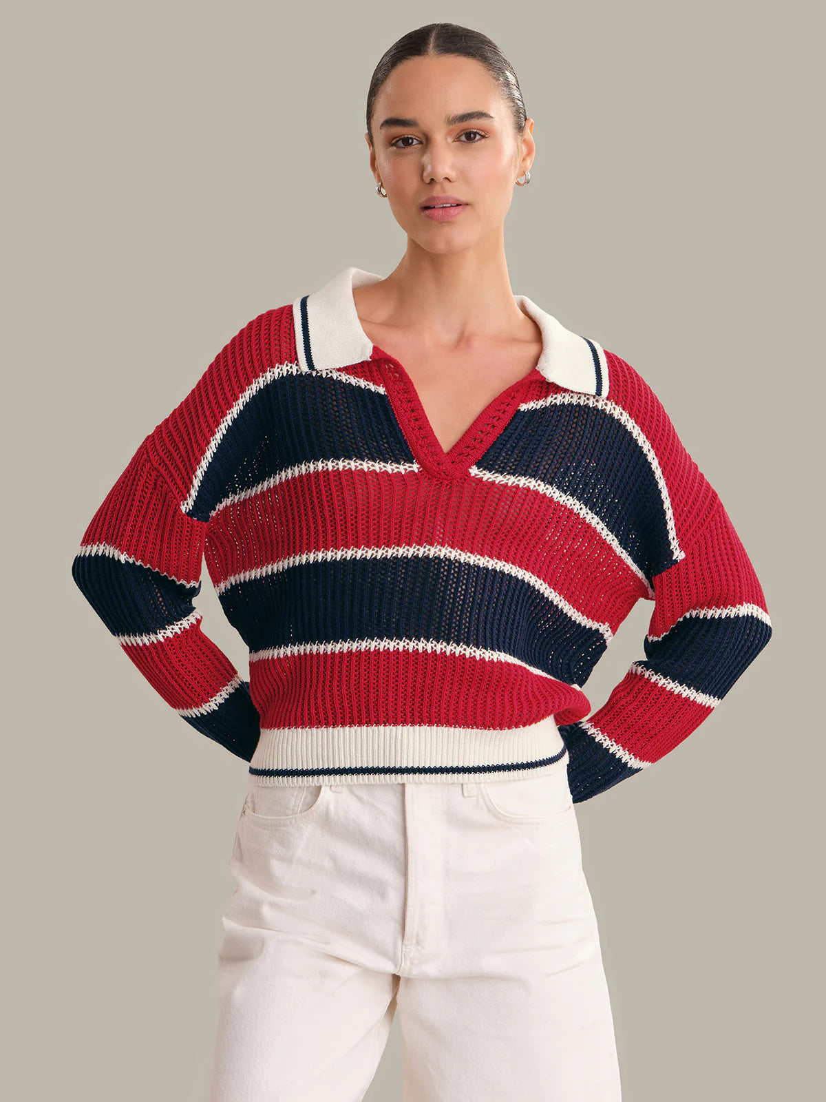 525 AMERICA Alexa Rugby Stripe Polo Pullover in Racing Red Combo