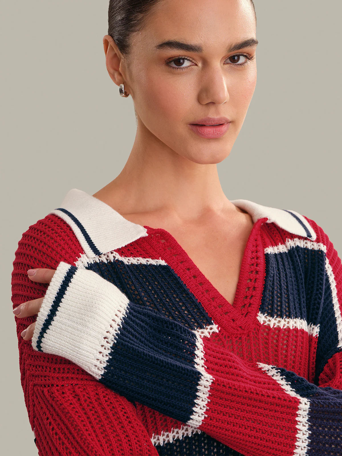 525 AMERICA Alexa Rugby Stripe Polo Pullover in Racing Red Combo