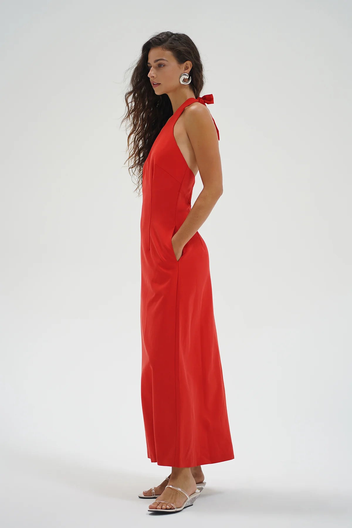 LNA Abria Halter Dress in Red Chambray