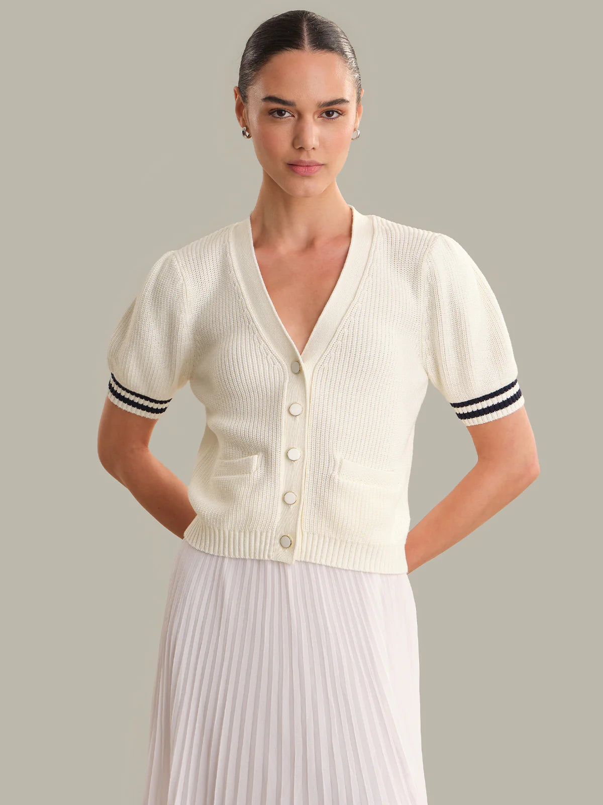 525 AMERICA Cotton Puff Sleeve Cardigan in Chalk Combo