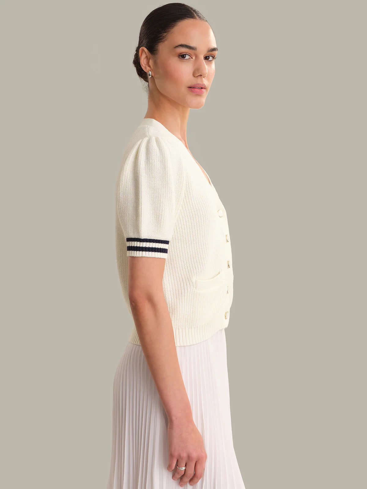 525 AMERICA Cotton Puff Sleeve Cardigan in Chalk Combo