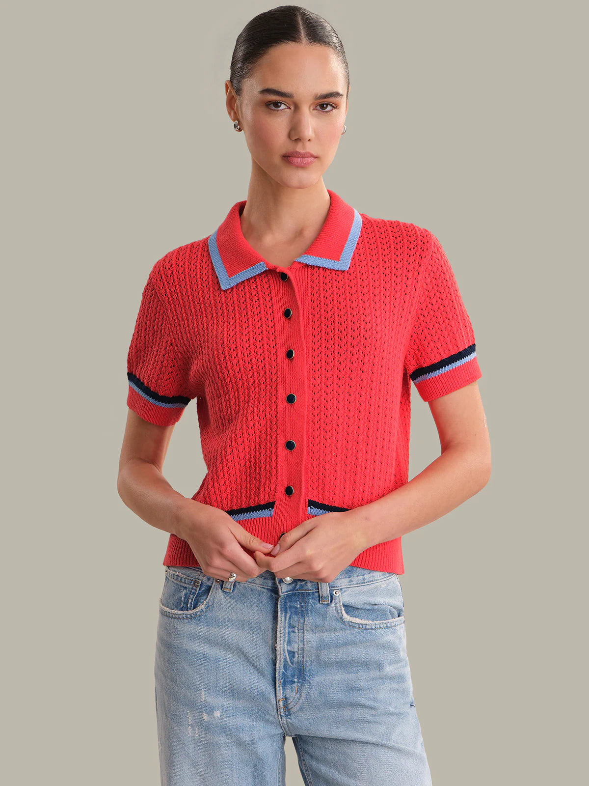 525 AMERICA Pointelle Polo Pullover in Hibiscus
