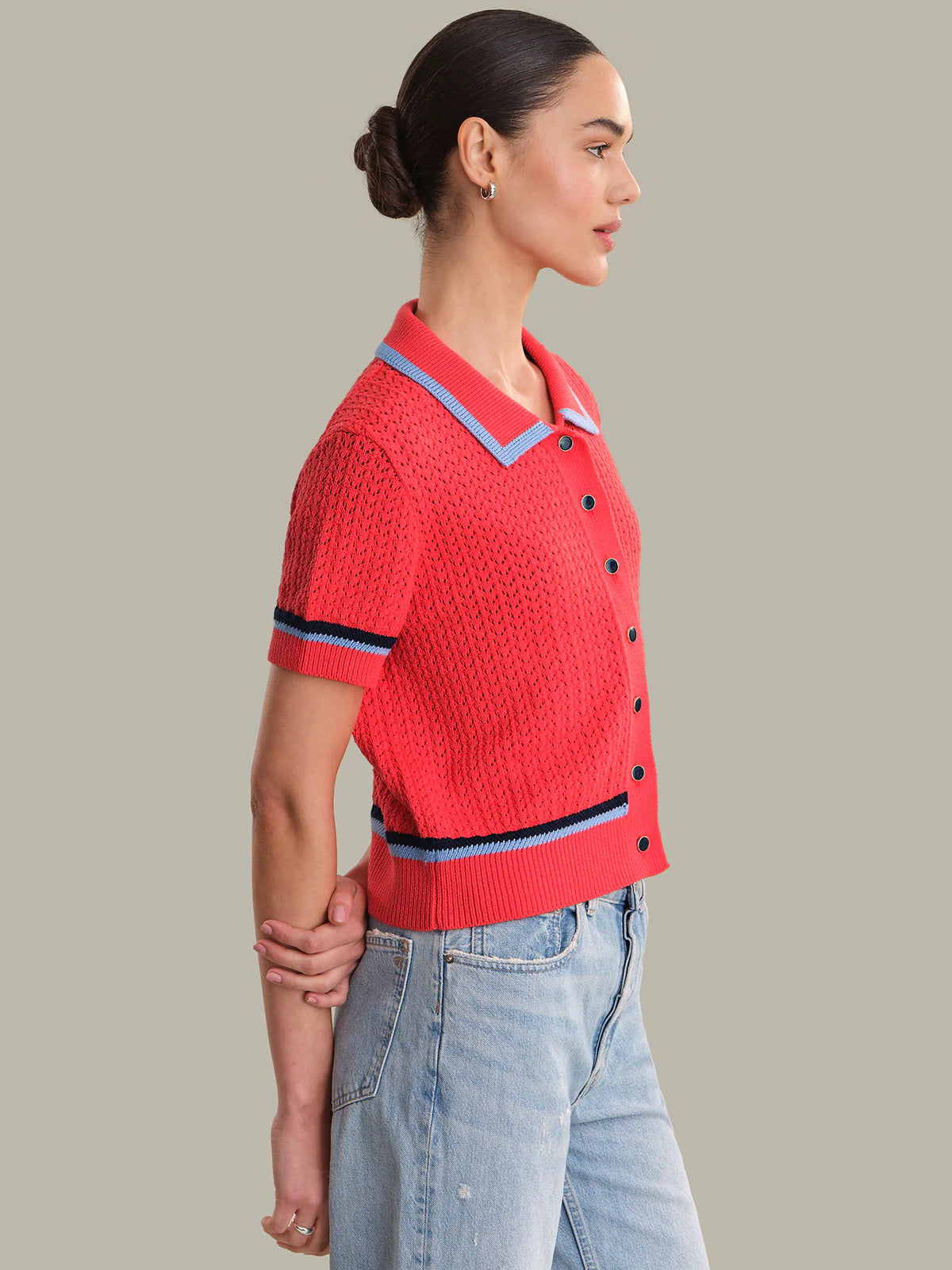 525 AMERICA Pointelle Polo Pullover in Hibiscus