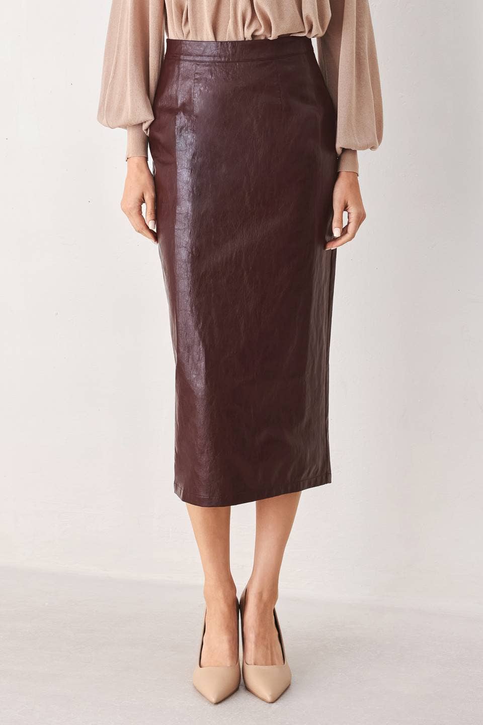 *PREORDER* FLYING TOMATO Burgandy Faux Leather Pencil Skirt
