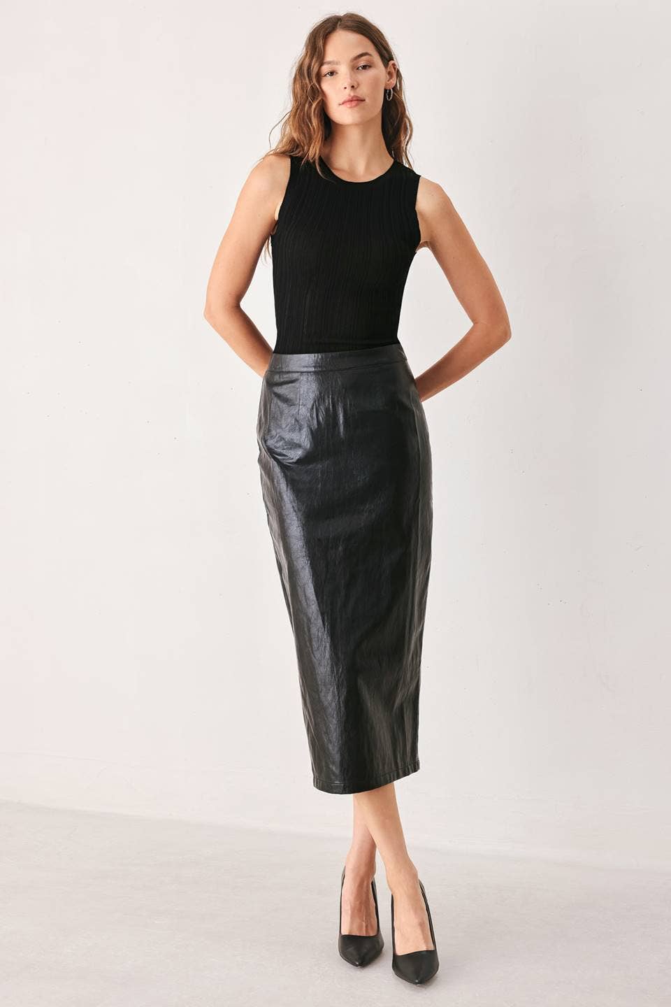 *PREORDER* FLYING TOMATO Black Faux Leather Pencil Skirt